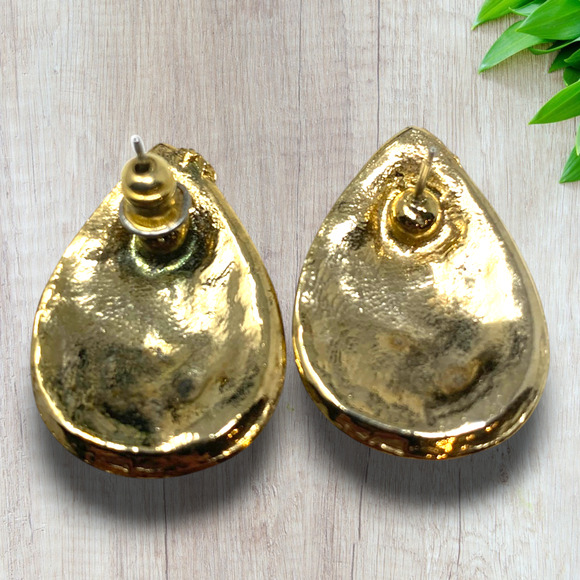 Vintage 1980s Black Swirl Enamel Gold Tone Pierced Earrings Teardrop Modernist - Picture 2 of 5